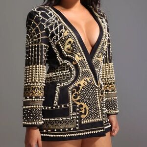 Elegant Black and Gold Embellished Long Sleeve Top
